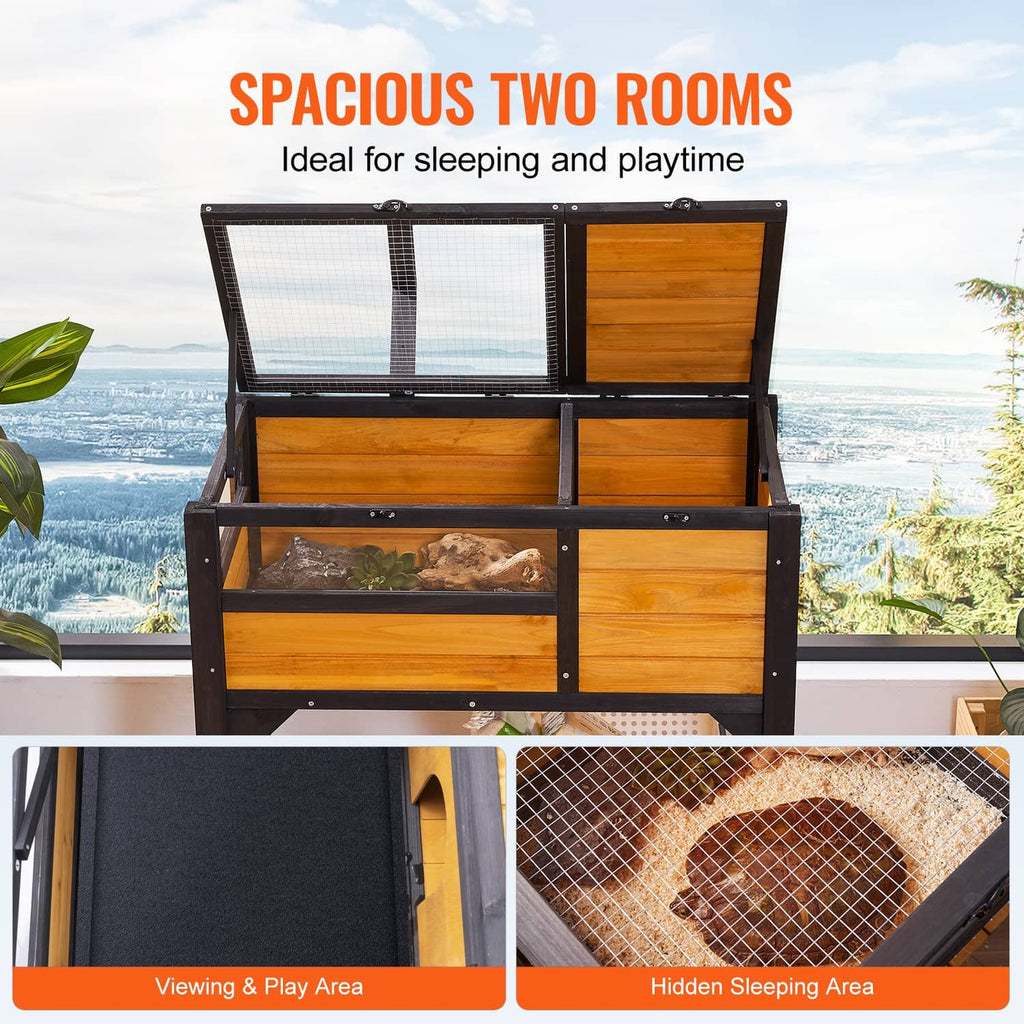 Open two-room reptile enclosure with divided compartments, mesh screen top, and wooden panels