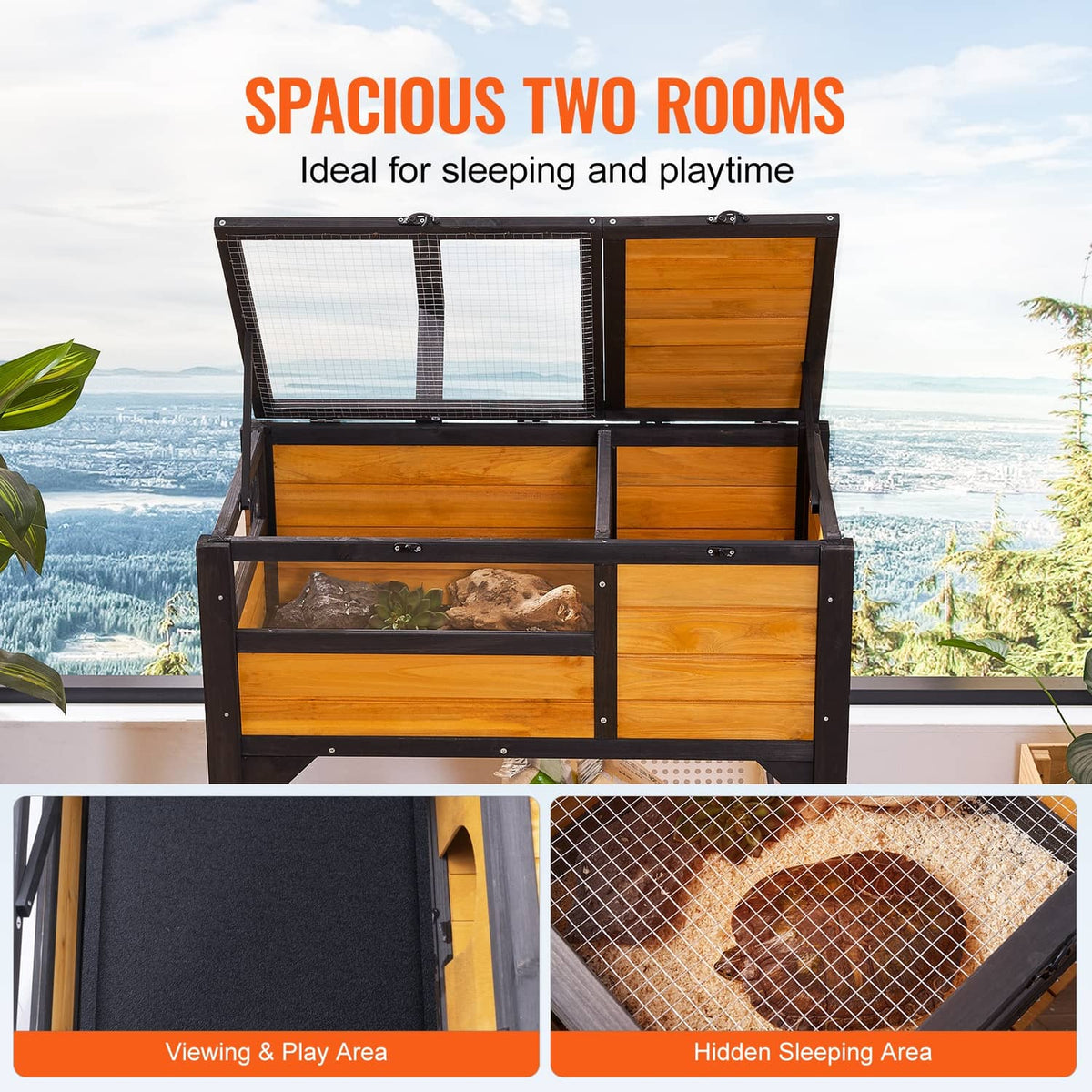 Open two-room reptile enclosure with divided compartments, mesh screen top, and wooden panels