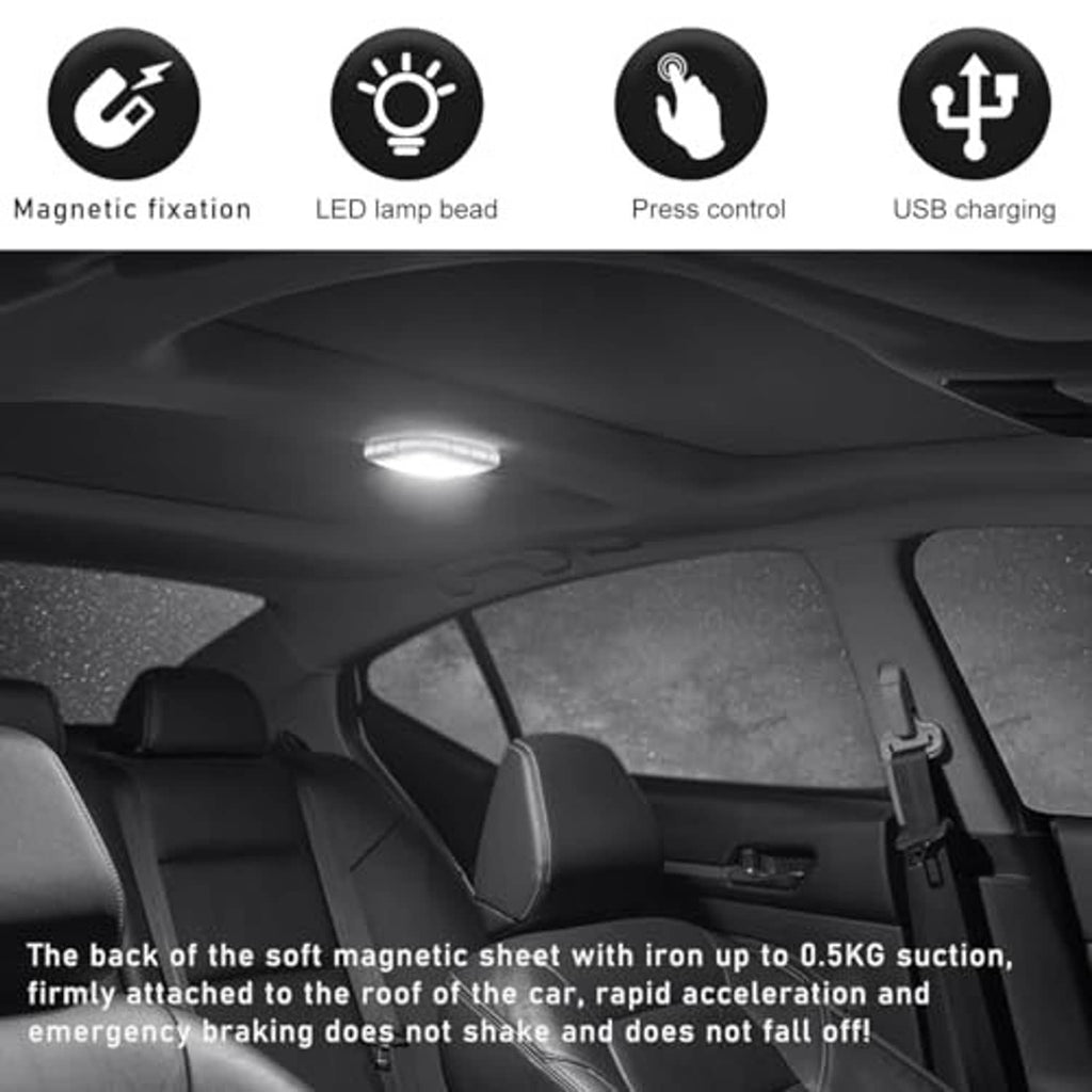 Black magnetic LED dome car ceiling light with icons for magnetic, control, and USB charging