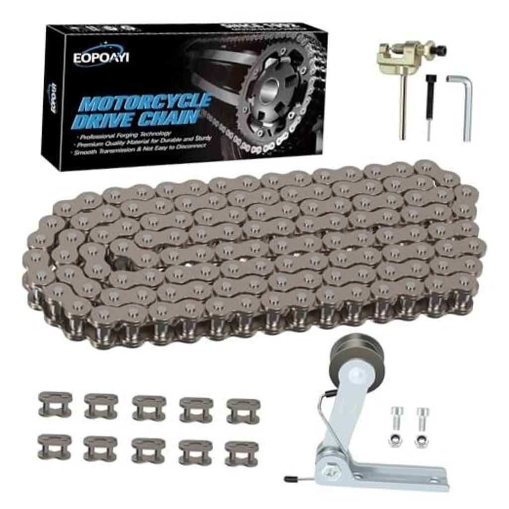Gray roller drive chain kit with chain tensioner tool and small hardware pieces.