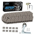 Gray roller drive chain kit with chain tensioner tool and small hardware pieces.