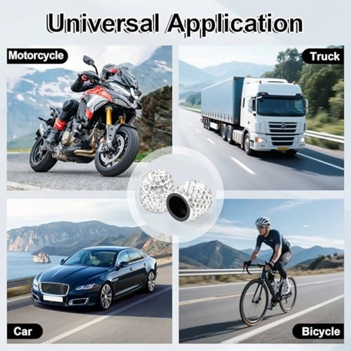 Rhinestone valve stem cap with white crystals, shown on car, truck, motorcycle, bicycle