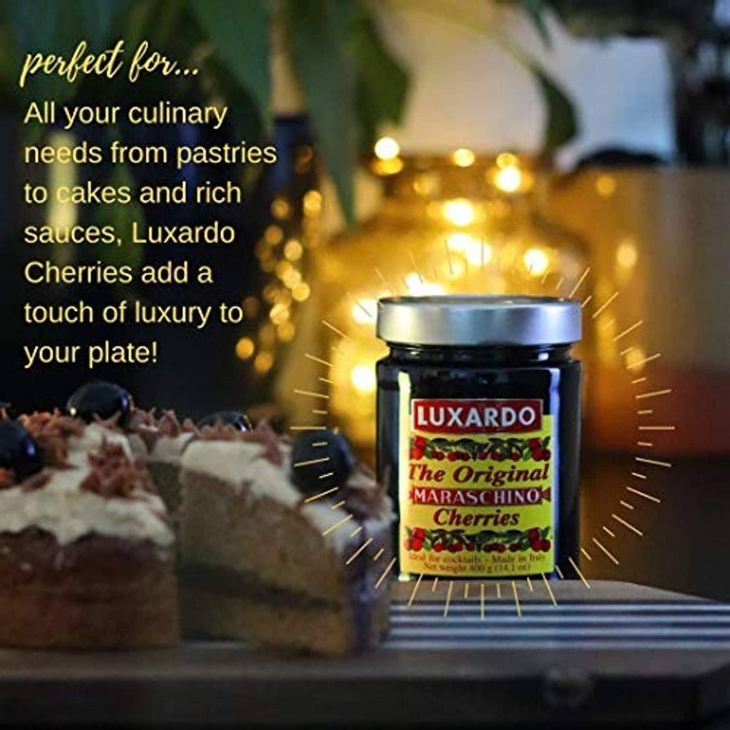Luxardo maraschino cherries jar with black lid, front label visible.
