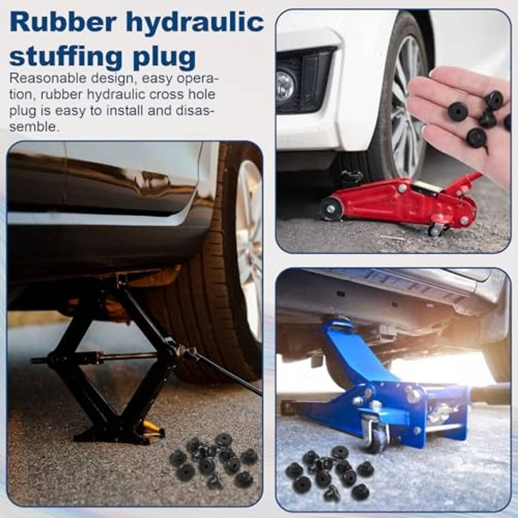 Black rubber hydraulic jack oil plugs set, flat heads and center holes shown