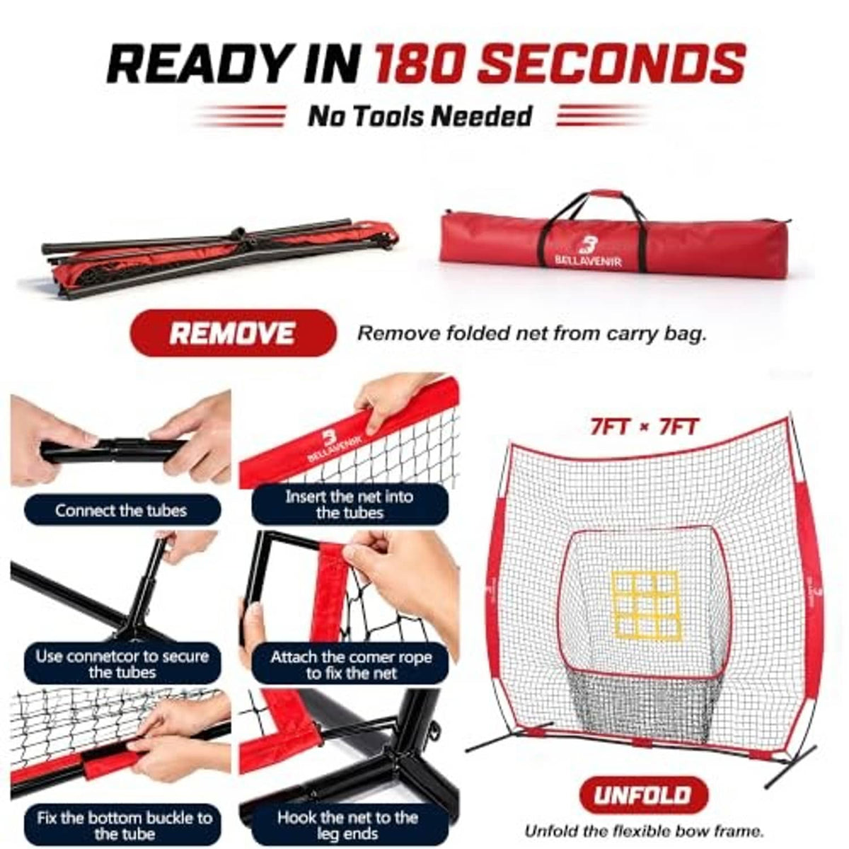 Baseball practice net with red carry bag and step-by-step setup illustrations.