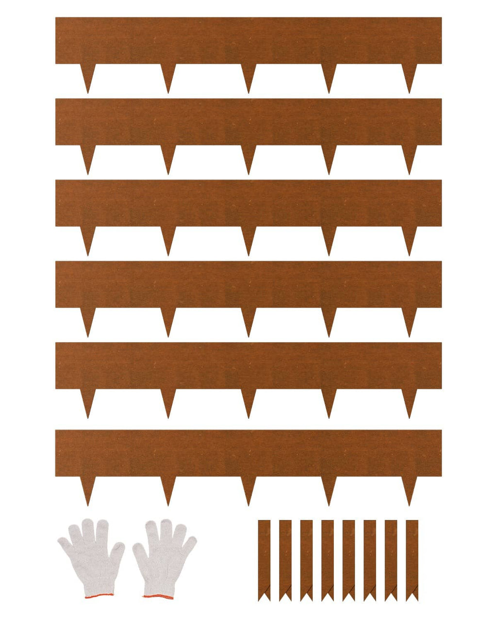 Rust-brown steel landscape edging strips with pointed spikes, multiple pack pieces