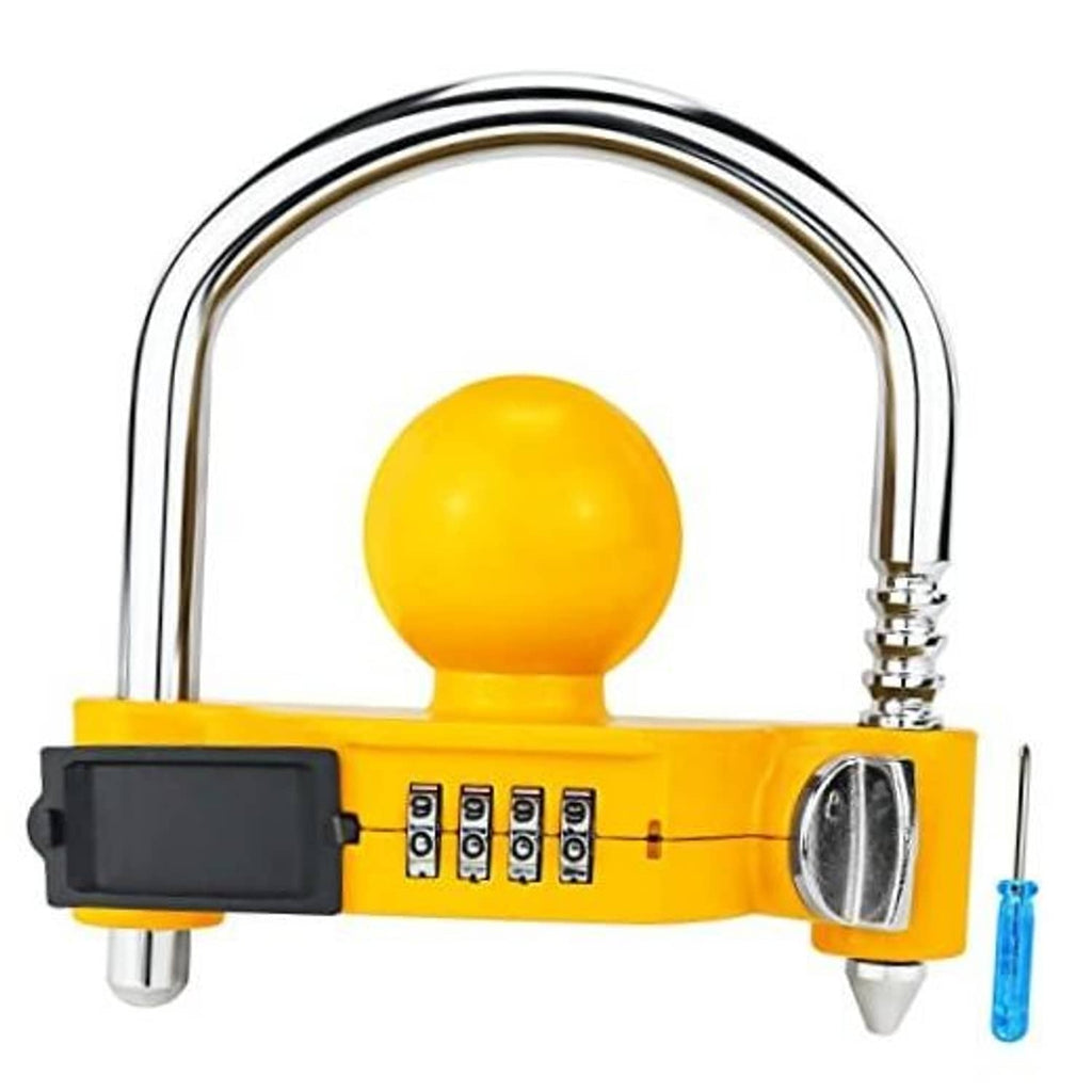Yellow universal trailer hitch lock with chrome U-shackle, black cover, combination dials