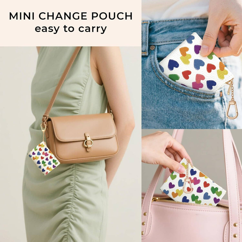 Mini heart-pattern change pouch with gold zipper and keychain, worn on crossbody strap.