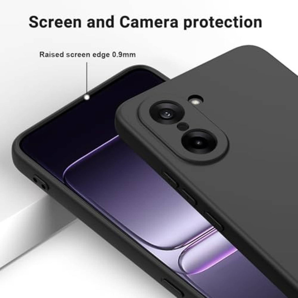 Black phone case with raised screen edge and camera protection, close side view