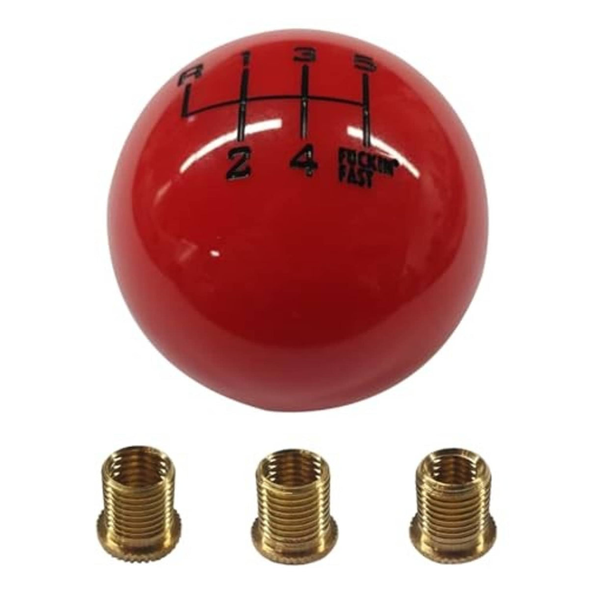Red round gear shift knob with numbered 1–6 grid markings and brass threaded insert