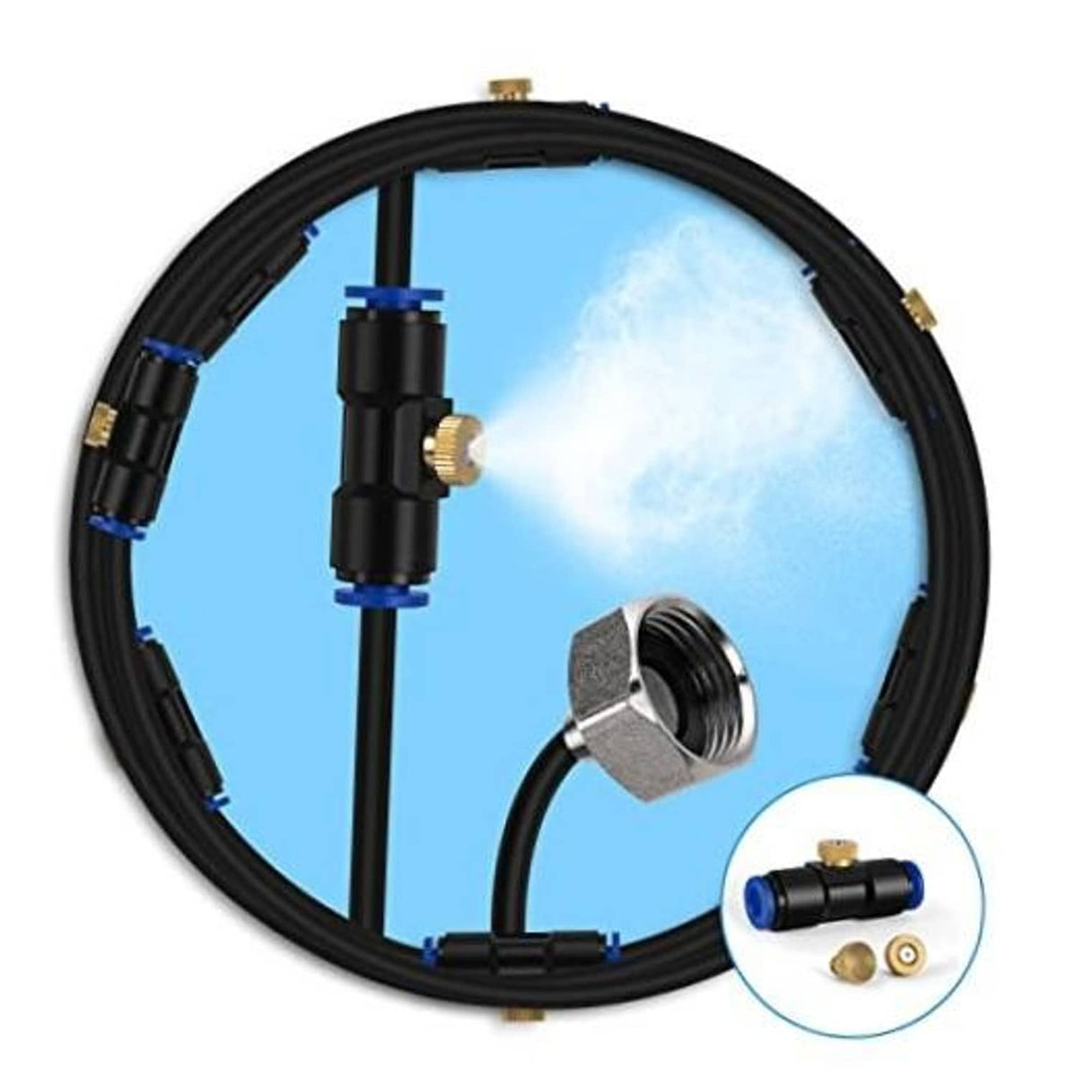 Outdoor misting line kit with black tubing, brass fittings, and adjustable nozzle head