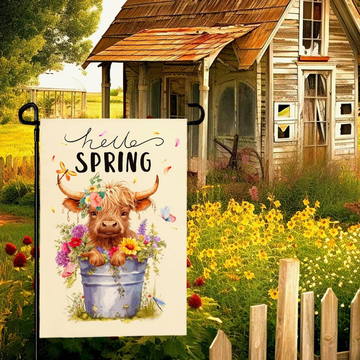 Hello Spring cream garden flag featuring a highland cow holding flowers and butterflies