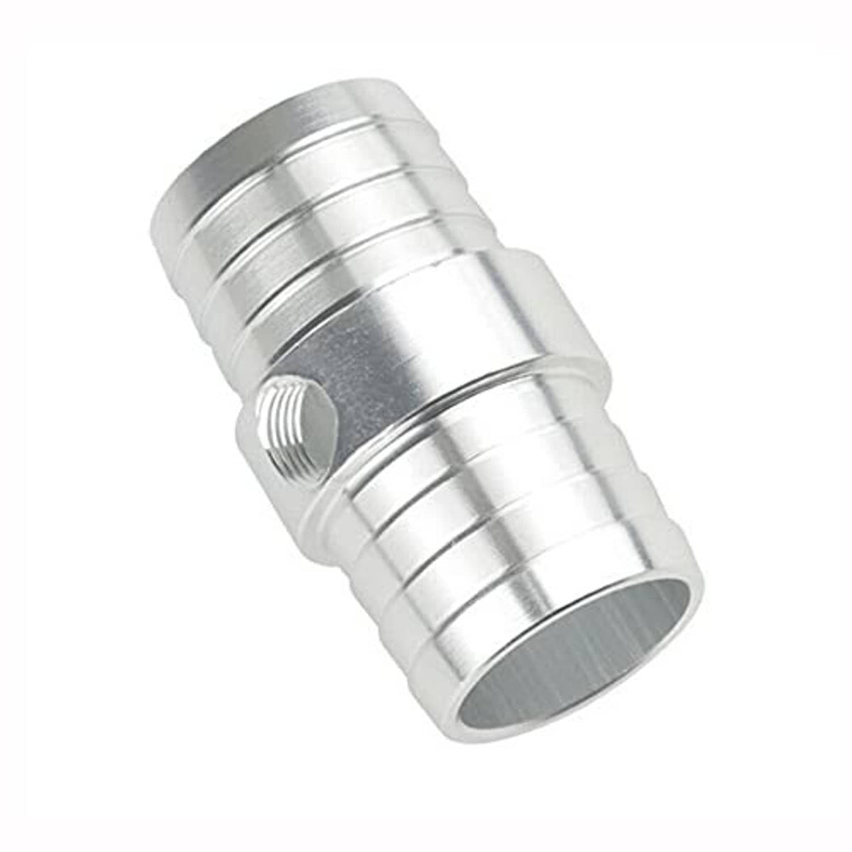 Aluminum hose adapter fitting with threaded 1/8 in NPT steam port, angled view