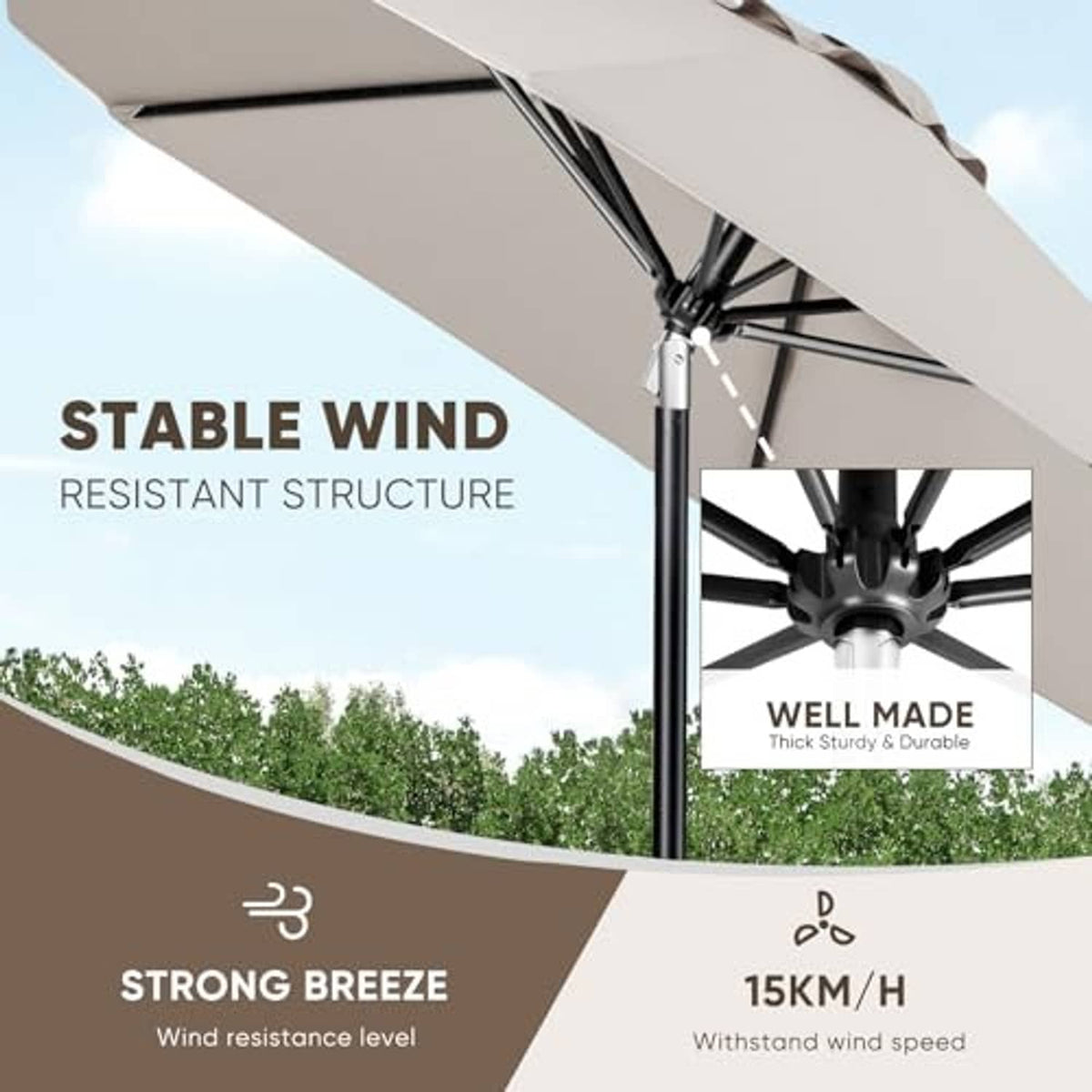 Beige patio umbrella with black center pole and cross-braced ribs