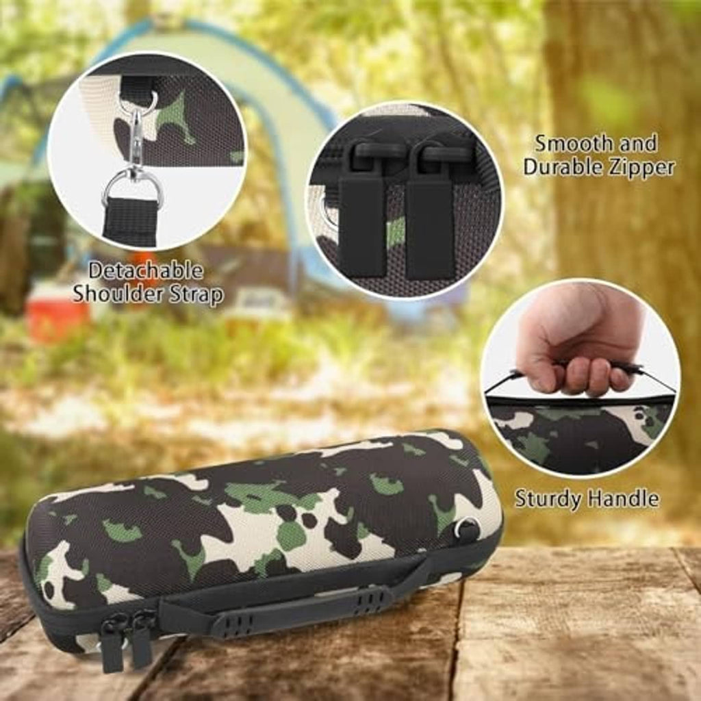 Camouflage speaker case with durable zipper, detachable shoulder strap, and sturdy handle