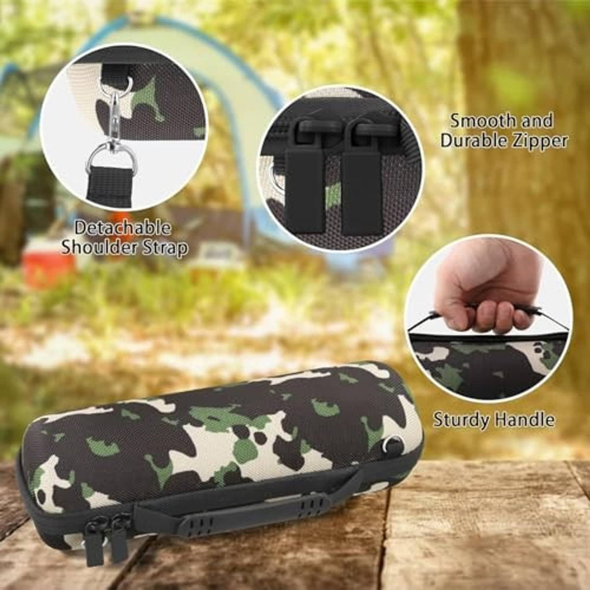 Camouflage speaker case with durable zipper, detachable shoulder strap, and sturdy handle