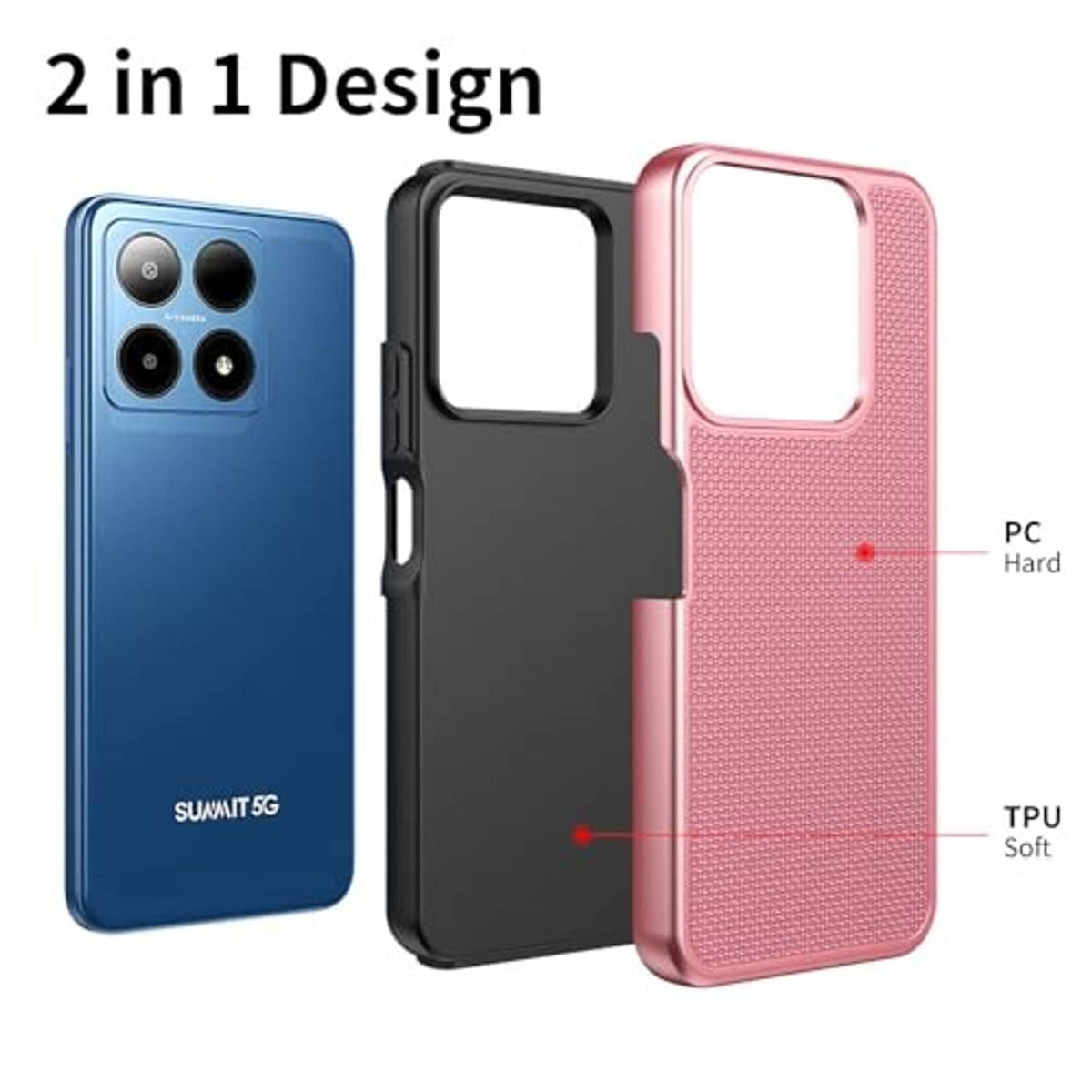 2-in-1 phone case with rose gold textured shell and black TPU frame insert