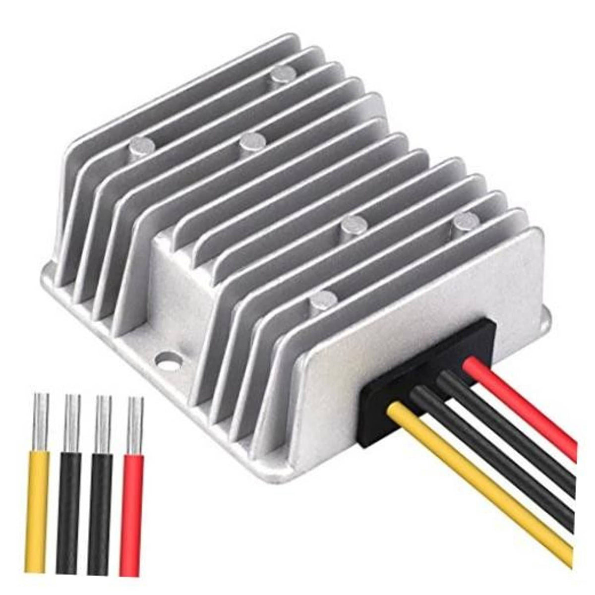 Aluminum DC buck-boost converter with heatsink and multicolor power leads