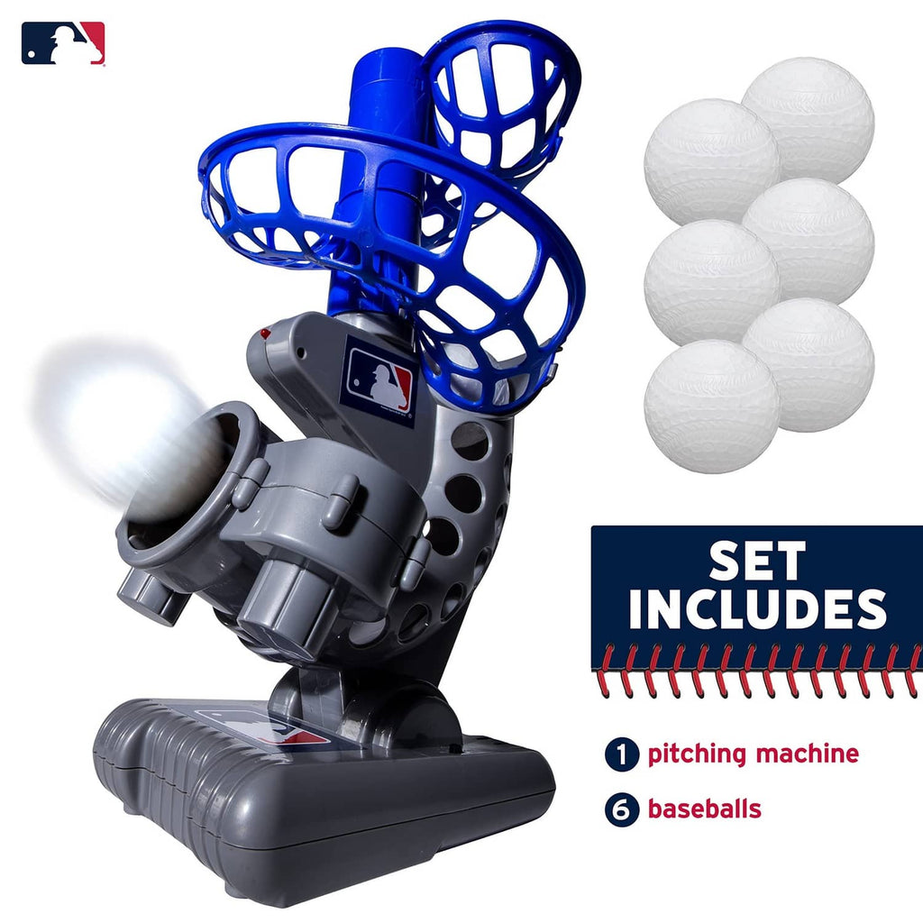 Blue and gray pitching machine head with two ball clusters and six white plastic balls