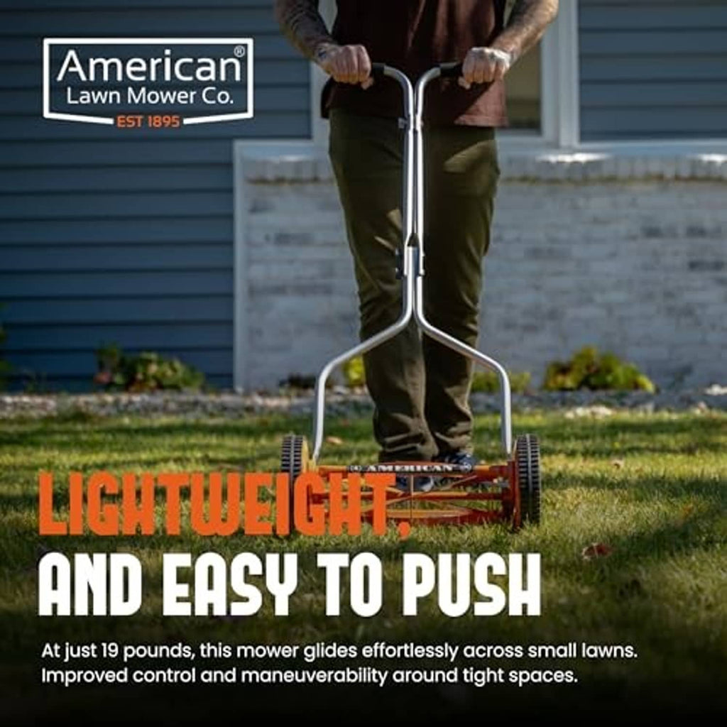 Lightweight push reel lawn mower with silver frame and orange cutting deck
