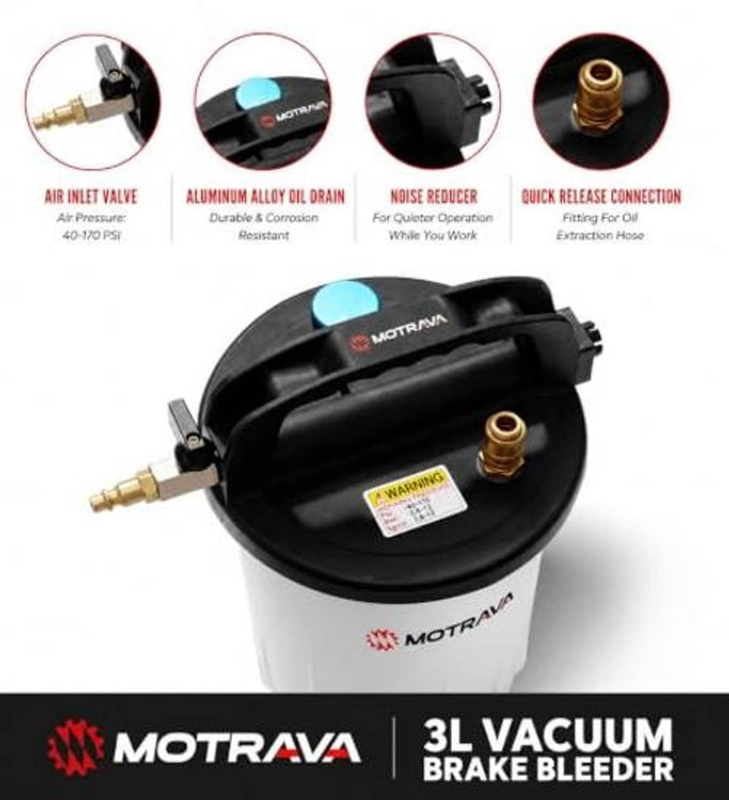 3L vacuum brake bleeder canister with brass fittings and black top housing