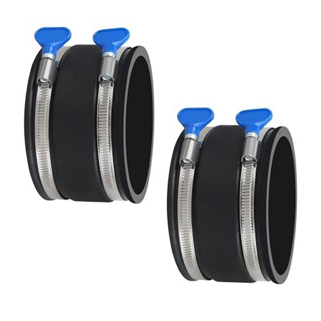 Set of black flex cuff hose clamps with blue levers and stainless steel band clamps