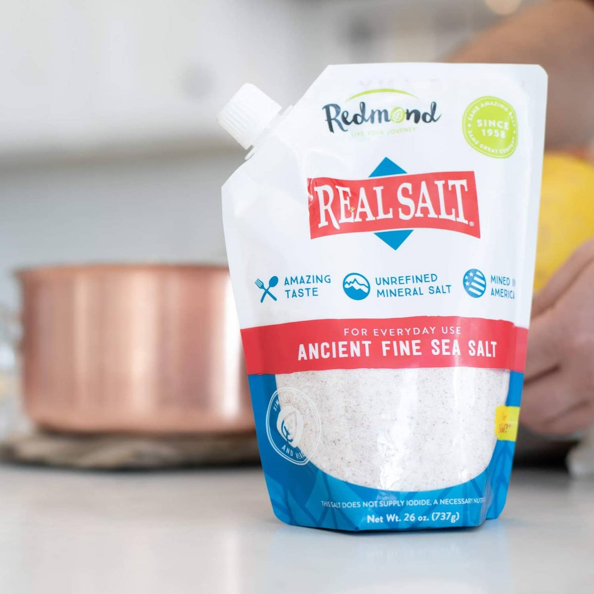 Redmond Real Salt fine sea salt pouch on countertop