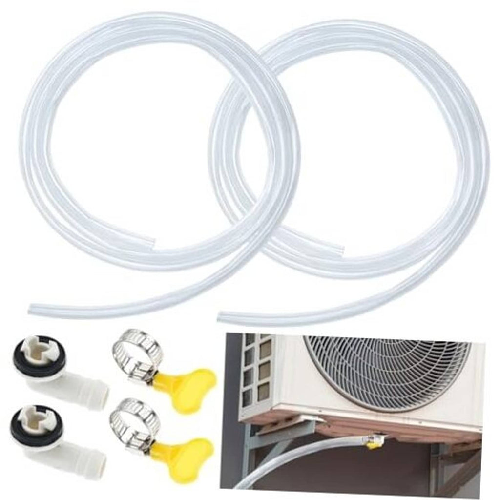 Air conditioner drain hose set of two with white tubing, metal clamps, and fittings