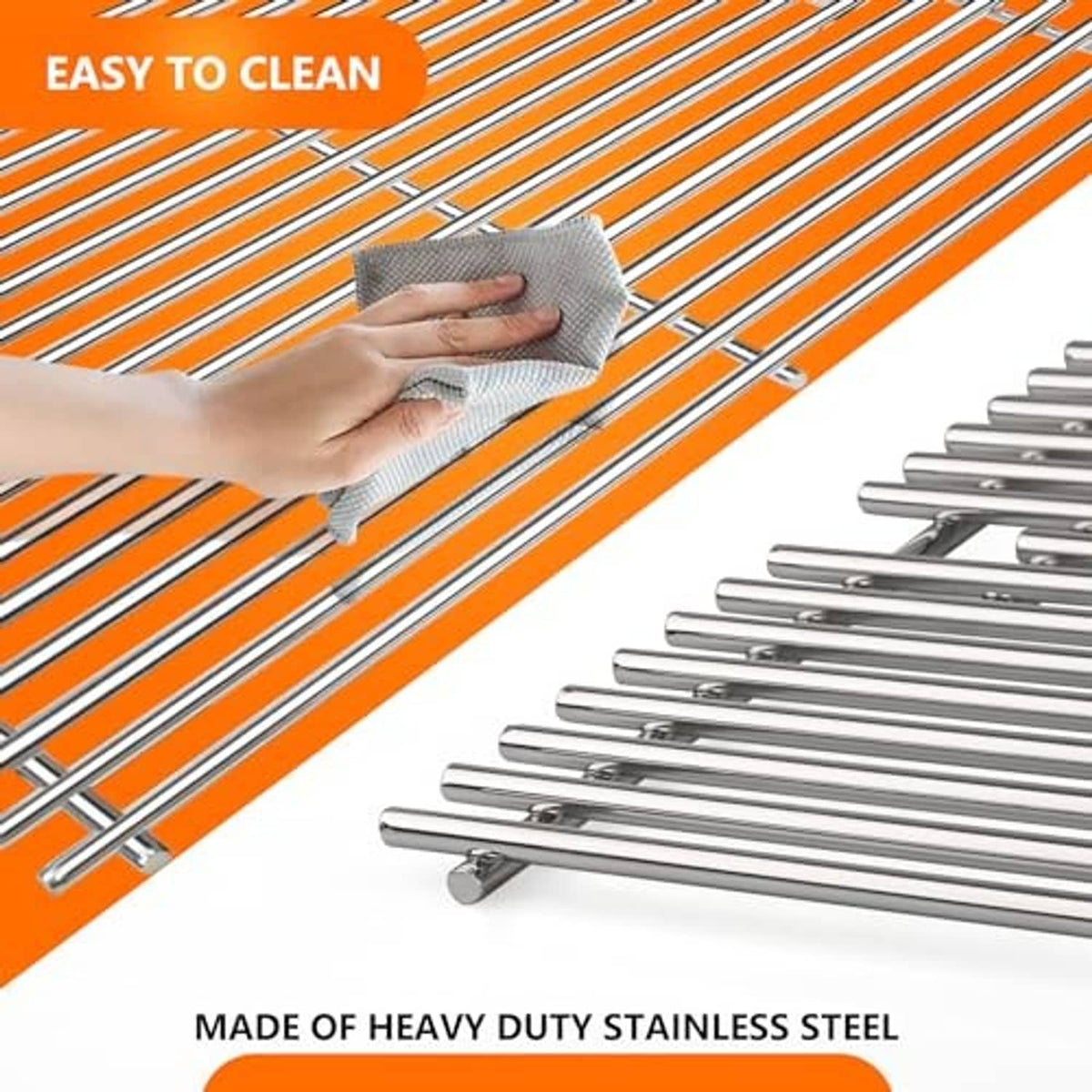 Stainless steel grill grates and bars being wiped clean with a cloth