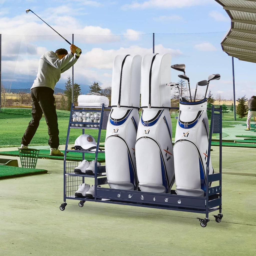 Outdoor view of blue wheeled golf bag organizer rack with three white/blue bags