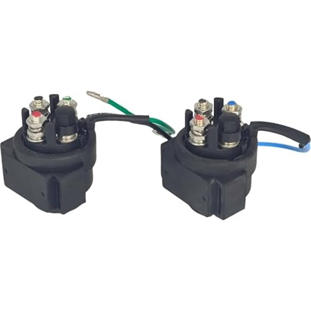 Power trim relay set, side view of two black terminal modules with colored wire connectors