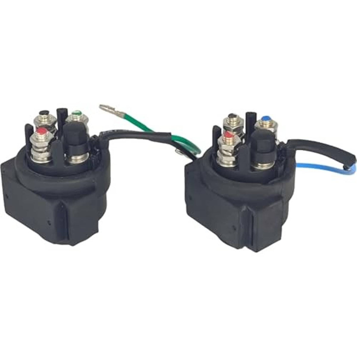 Power trim relay set, side view of two black terminal modules with colored wire connectors