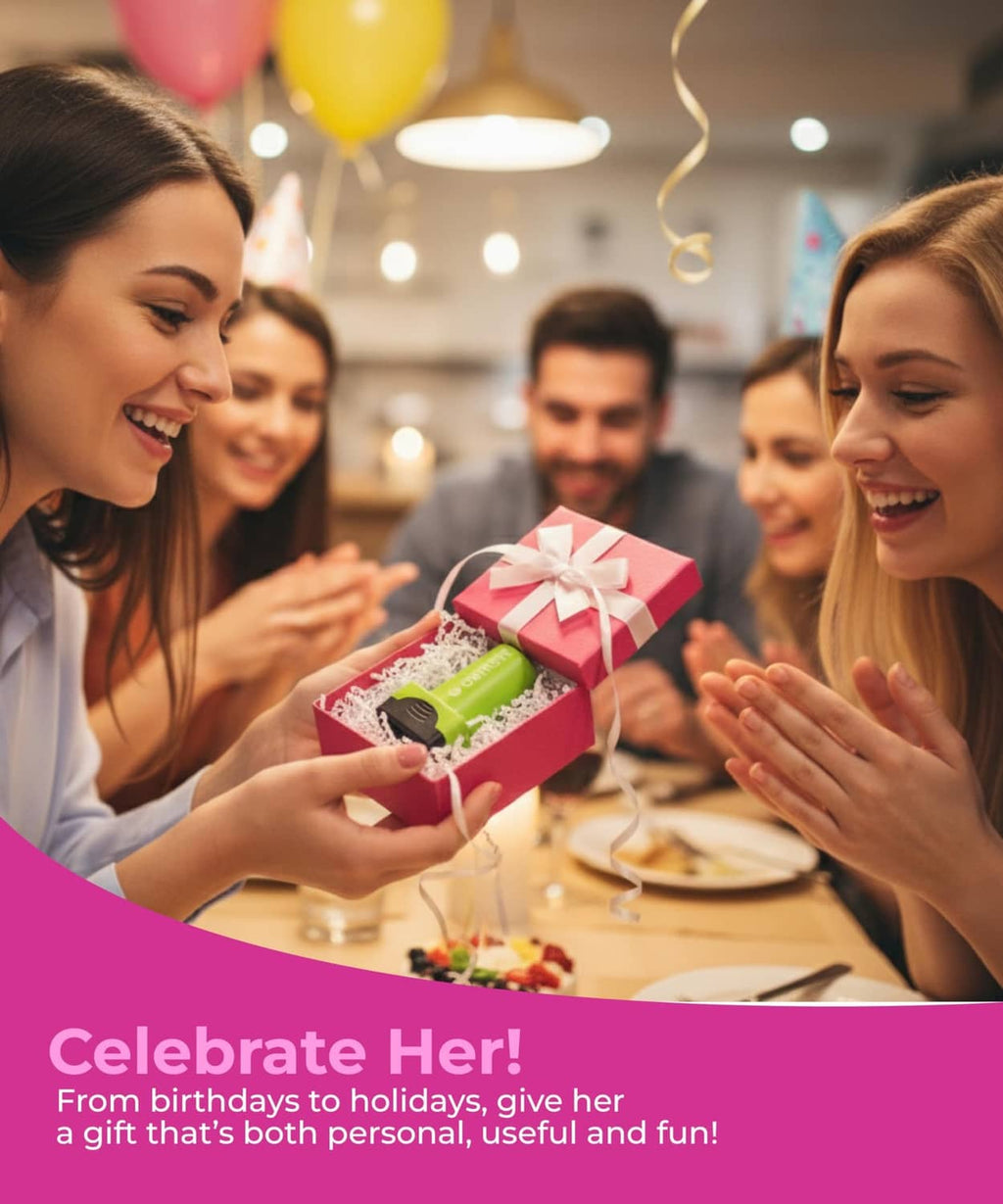 Party gift box with pink ribbon held by smiling people at a dinner table