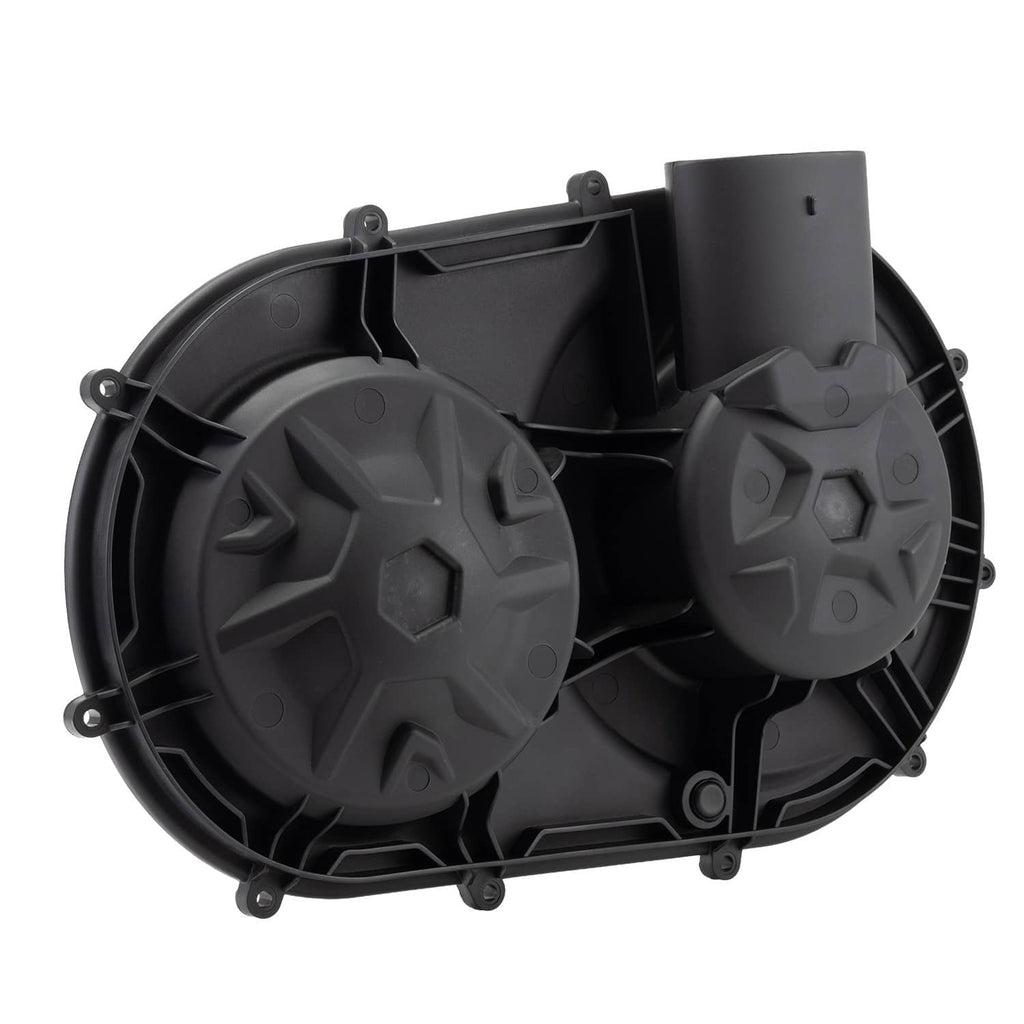 Black clutch cover front view with two fan wheel covers and raised center housing