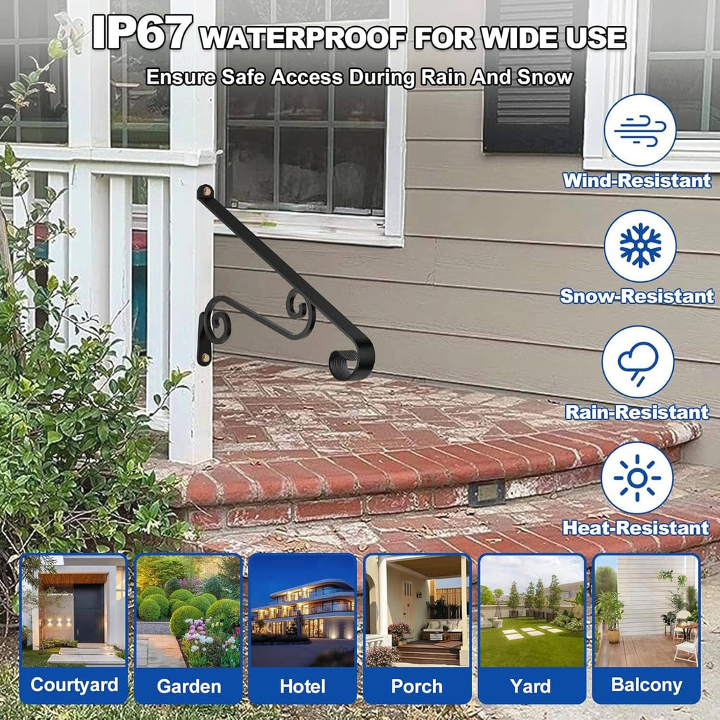 Outdoor wall-mounted metal stair handrail with curled grip and mounting plates