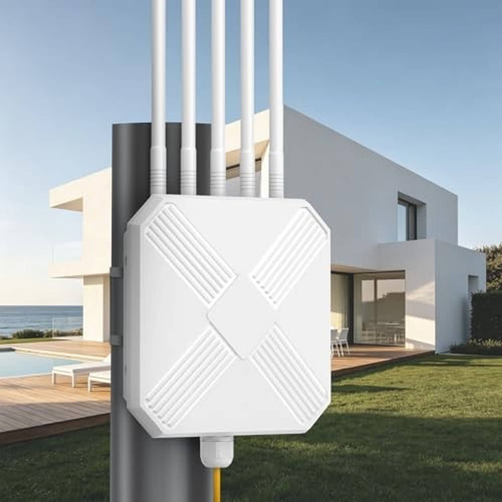 White outdoor Wi-Fi 6 extender access point with four antennas and cross-pattern front