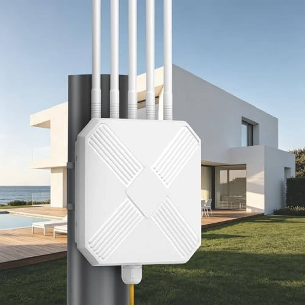 White outdoor Wi-Fi 6 extender access point with four antennas and cross-pattern front