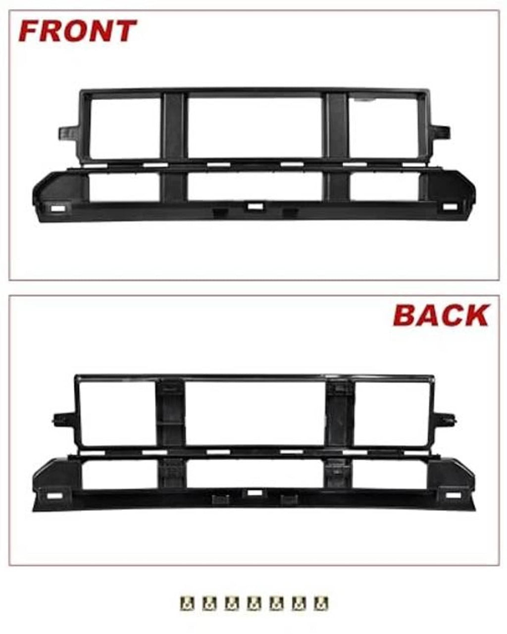 Black front and back grille frame diagram with mounting tab details