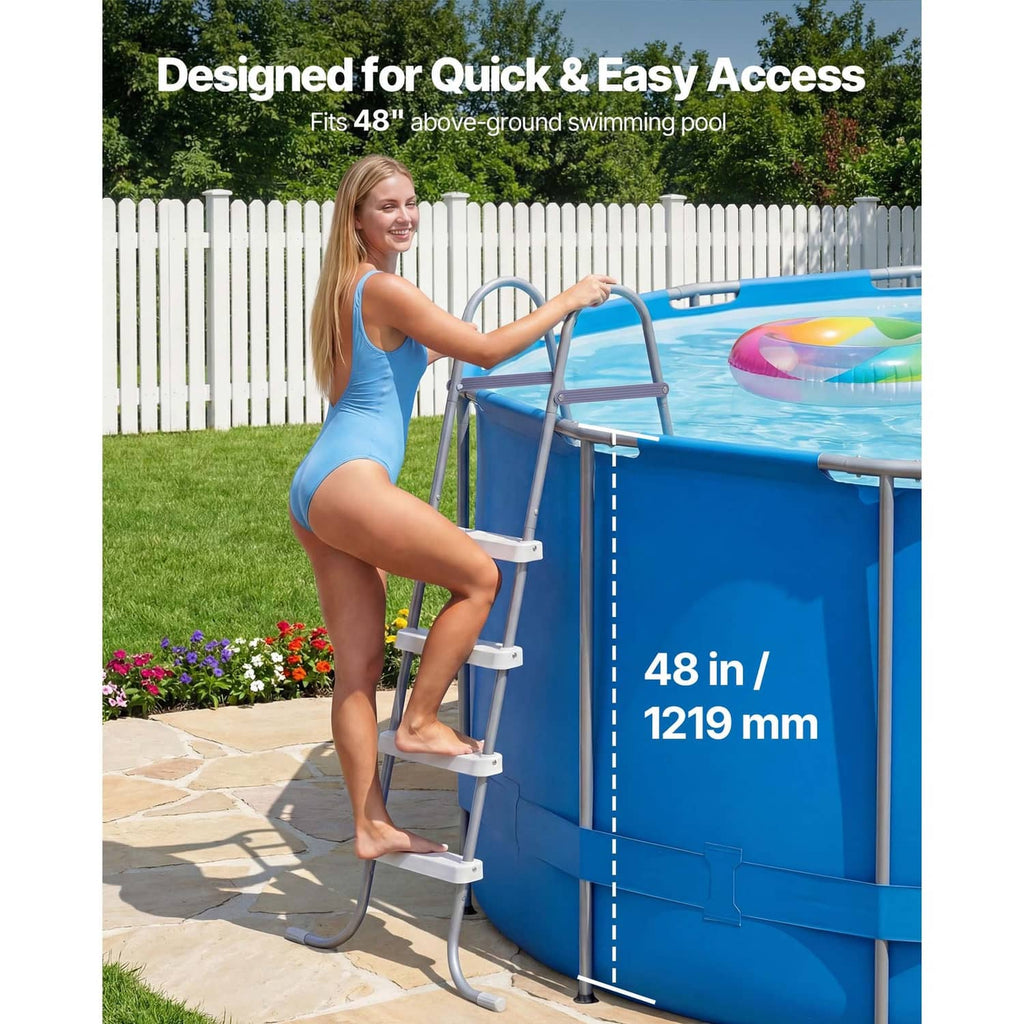 Gray 4-step A-frame pool ladder with anti-slip steps for above-ground pools