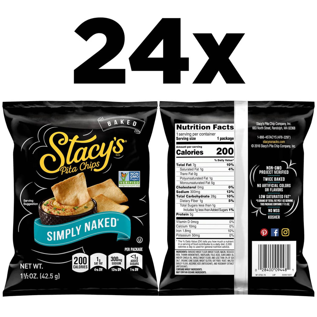 Stacy's Simply Naked pita chips bag with Nutrition Facts panel