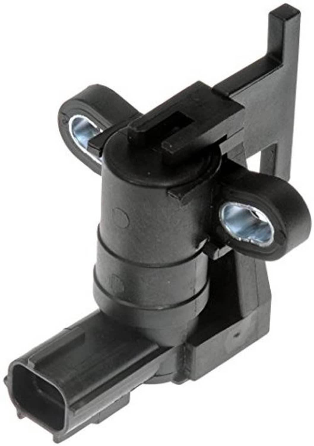 Black crankshaft position sensor with electrical connector port and two mounting tabs
