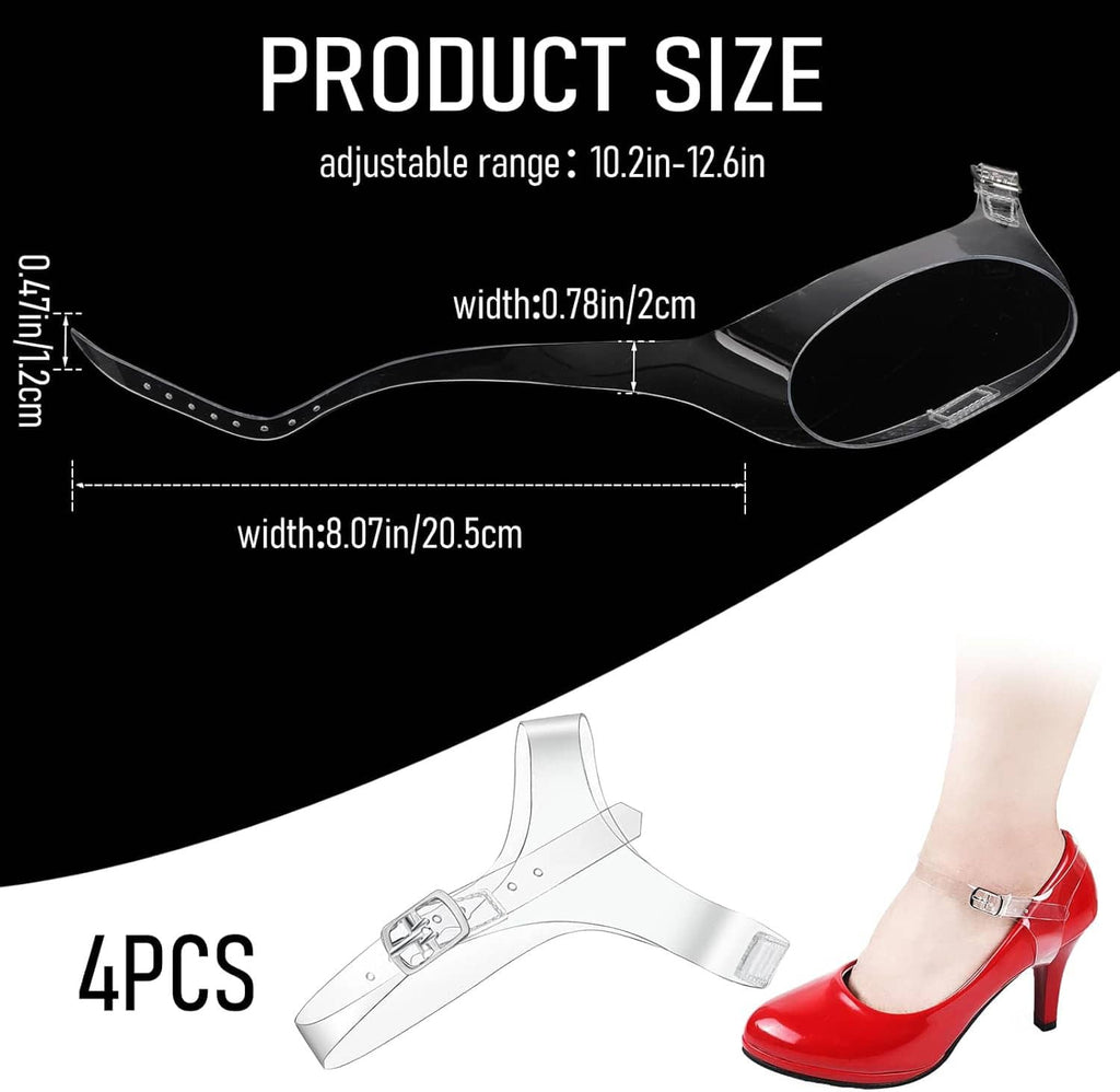 Clear adjustable ankle strap shown on a red high-heel shoe with metal buckle