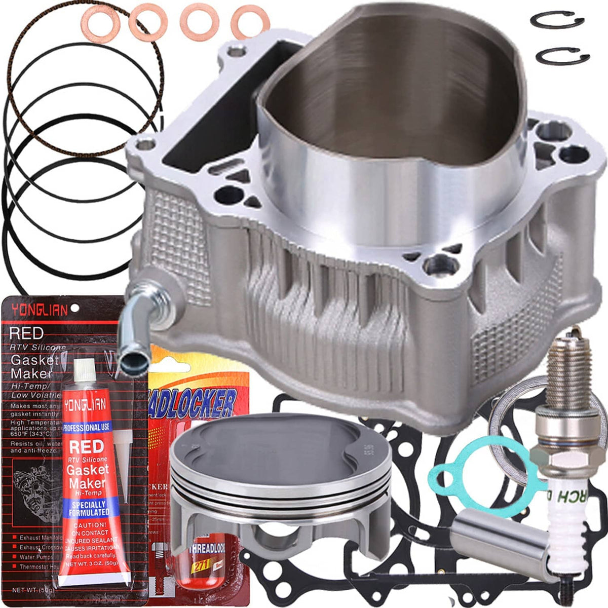 Cylinder head top end assembly with piston, gasket rings, and metal mounting hardware