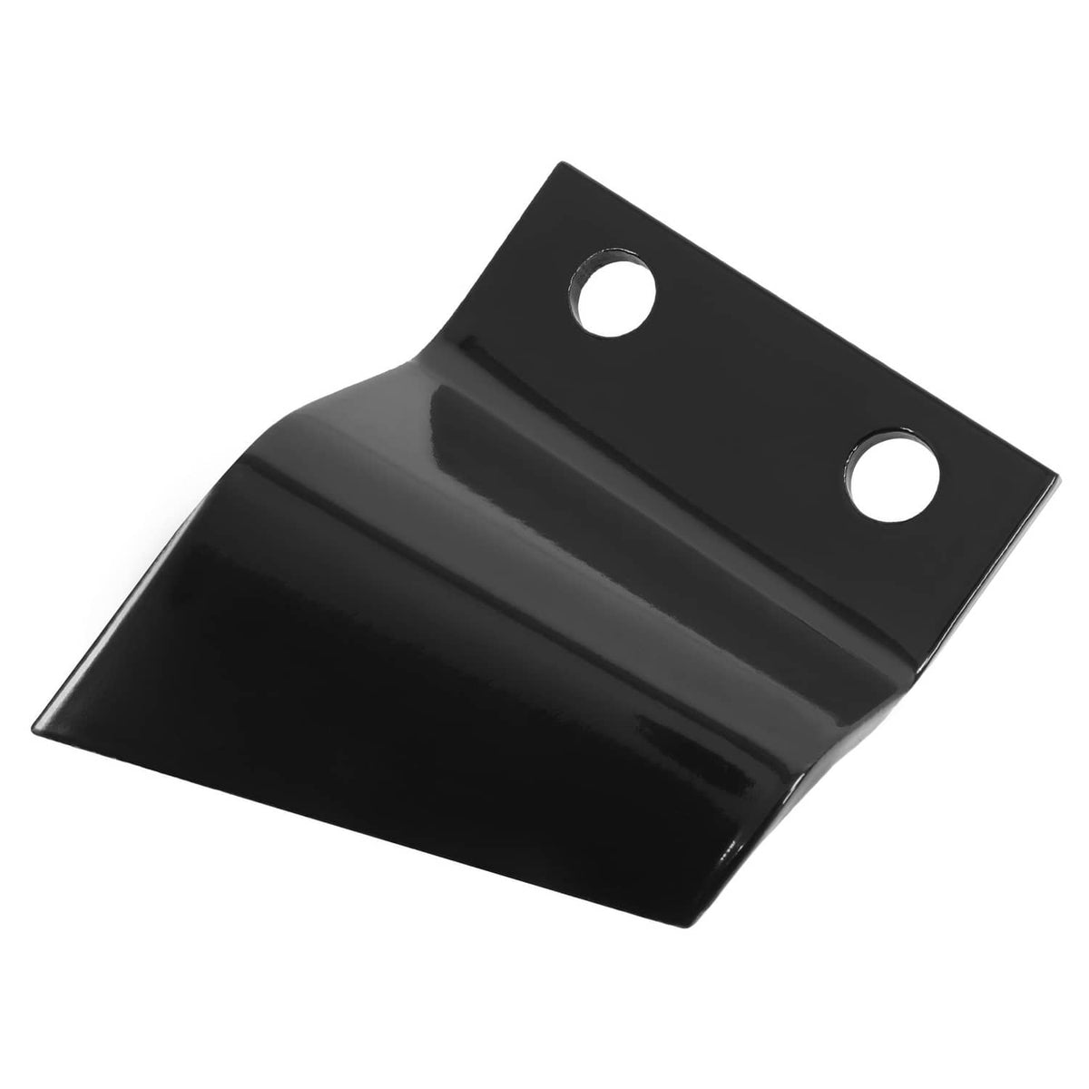 Black steel trencher cup tooth with curved blade and two mounting holes
