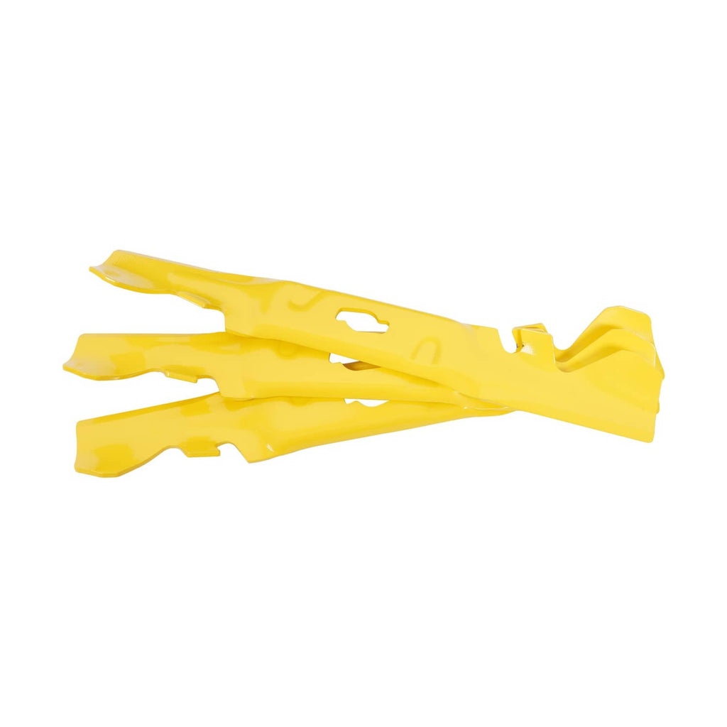 Yellow mulching blades, three curved pieces with mounting cutouts