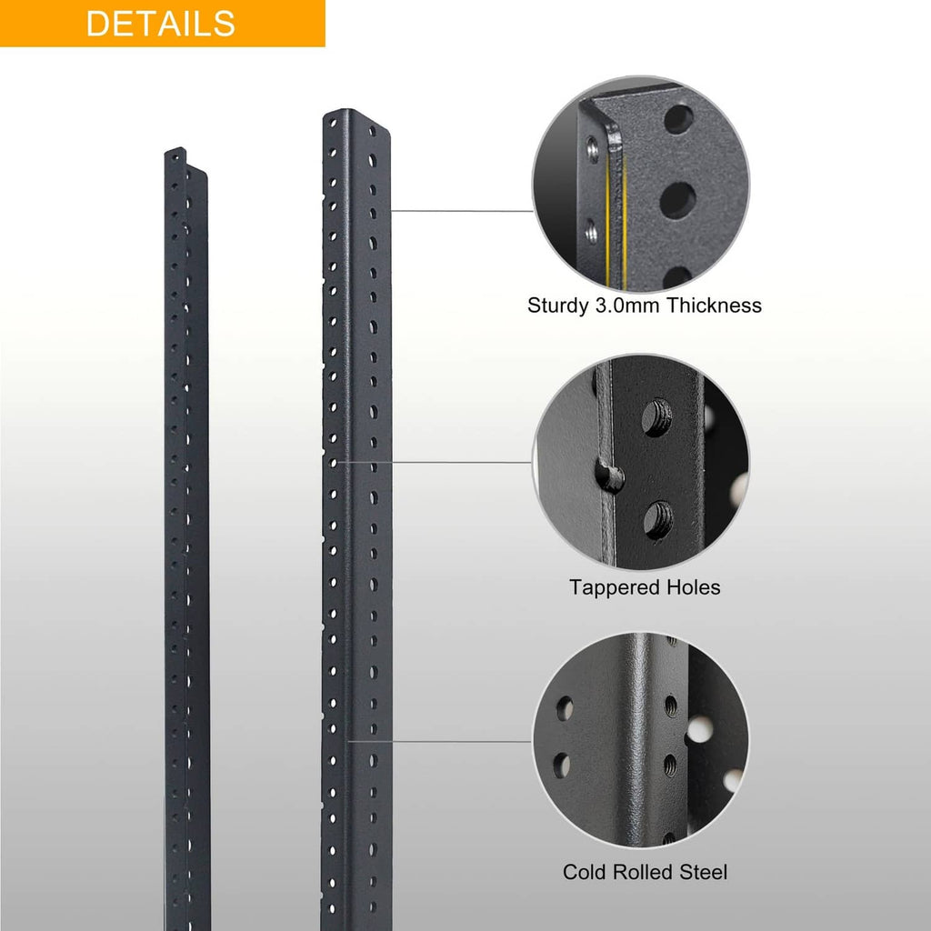 Black 6U rack rails with tapered holes and 3mm sturdy thickness, cold rolled steel