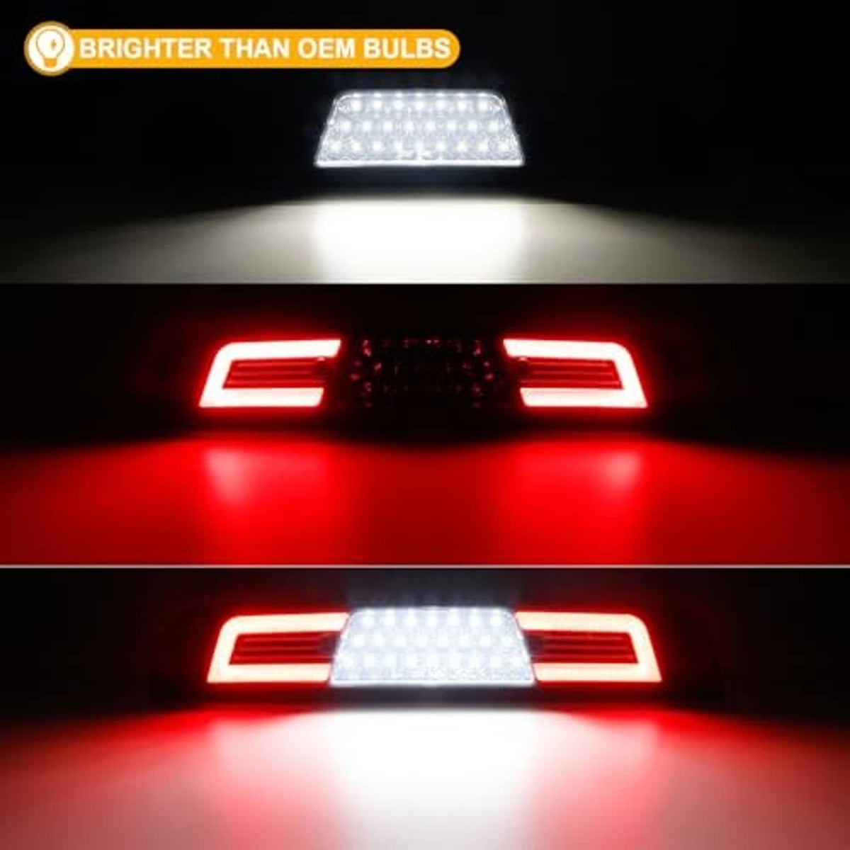 Activated LED third brake light with bright red light bars and central LED panel.