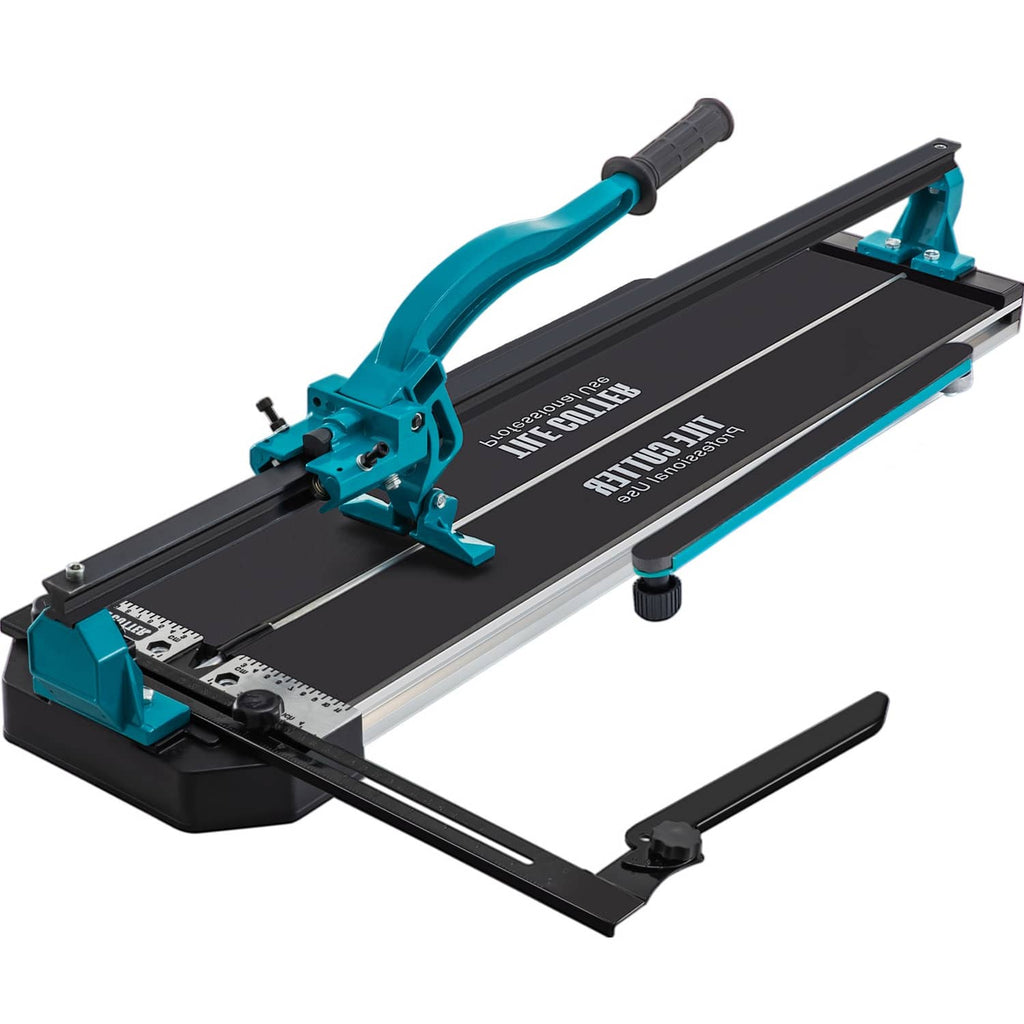 Manual tile cutter close-up of teal scoring head on black base with measurement scale