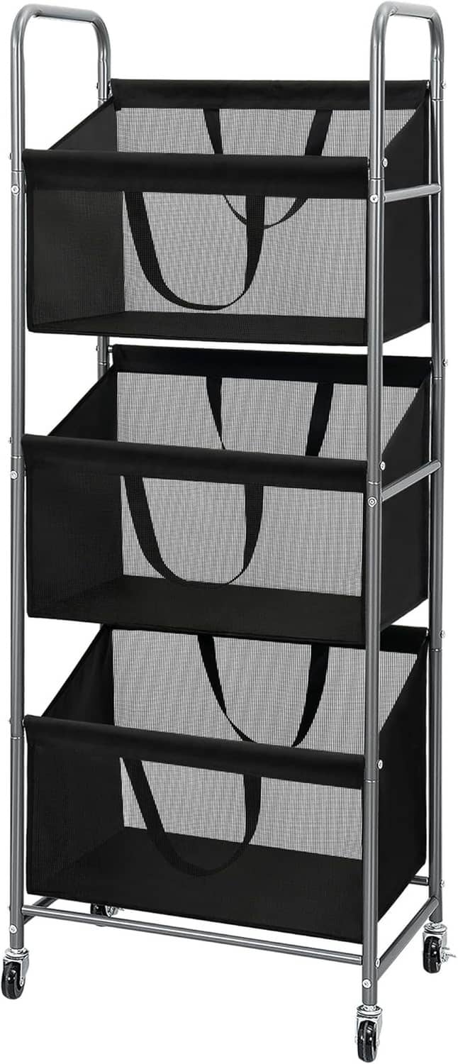 3-tier rolling laundry hamper with removable mesh bags, black, on caster wheels