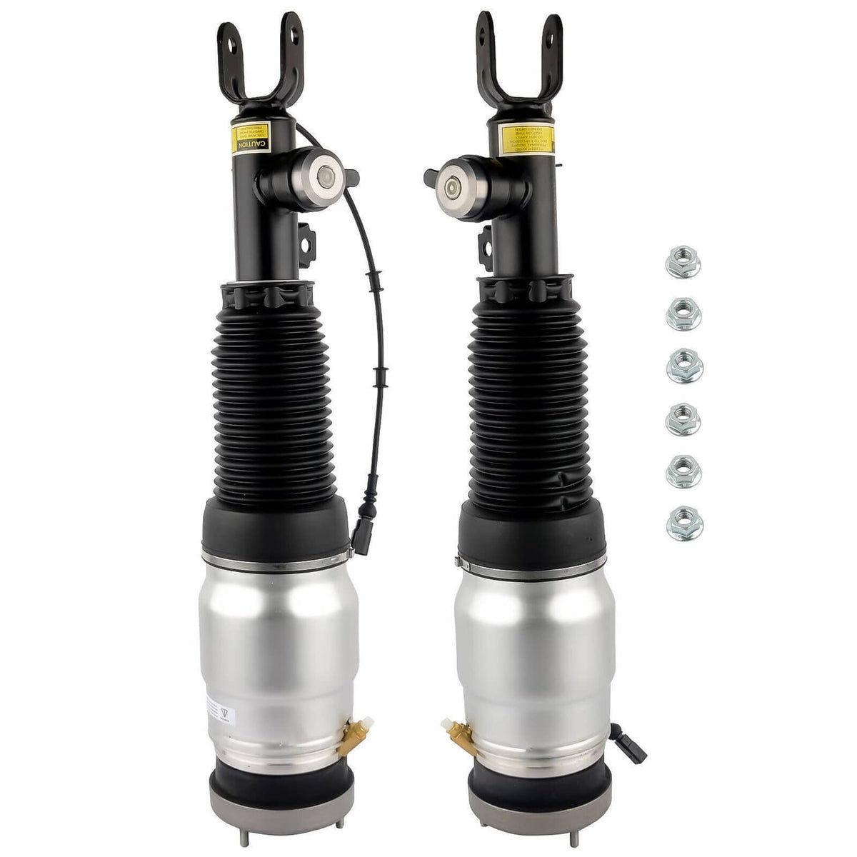Two front air suspension struts standing upright, silver cylinders with black rubber springs